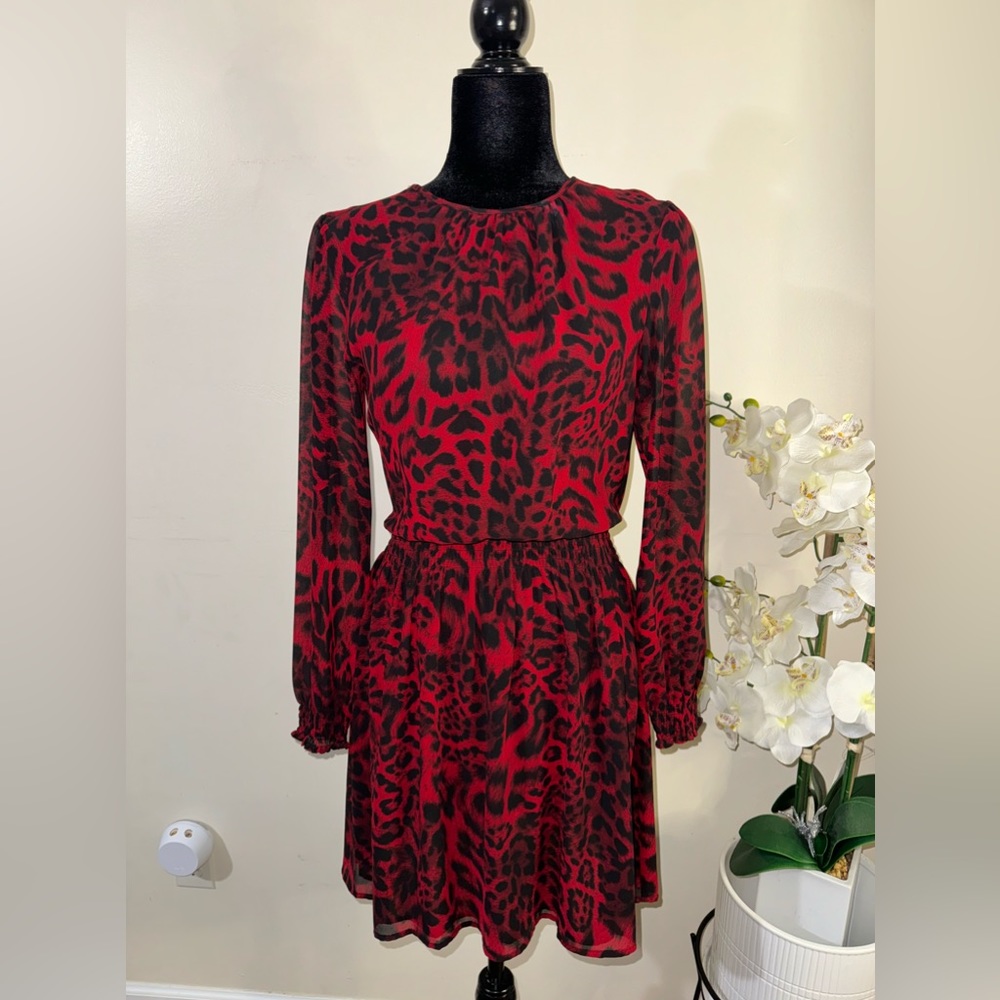 EUC-Michael Michael Kors Leopard Print Long Sleeve Elastic Waist Mini Dress - Picture 2 of 12